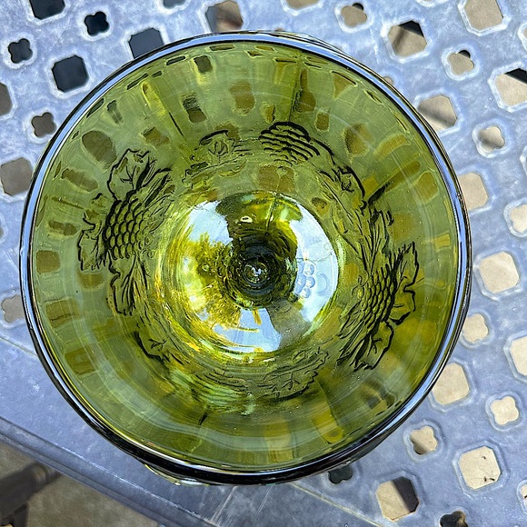 Vintage Green Glass Grape Vine Embossed Pedestal Bowl, Planter vase - Picture 4 of 7